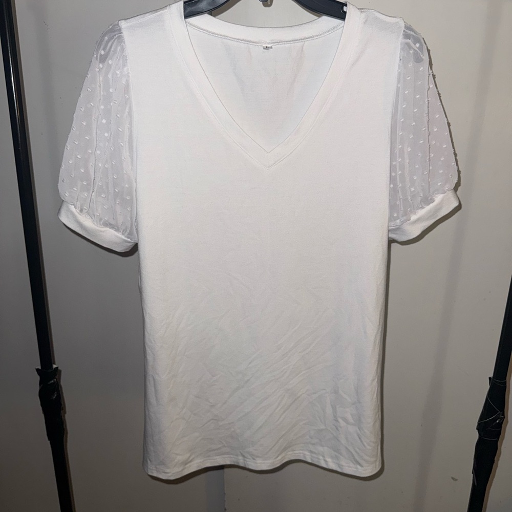 Elegant White V-Neck Top with Sheer Sleeves